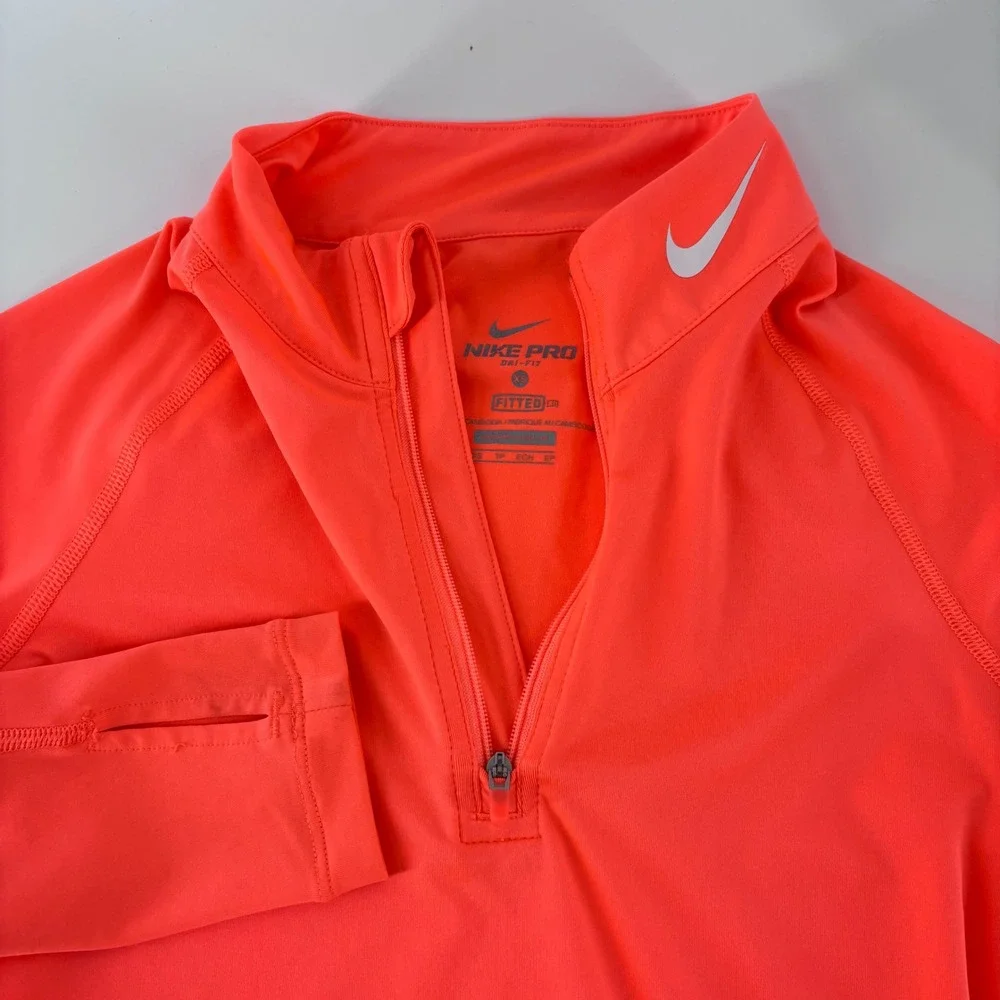 Nike Pro 1/4 Zip Top Womens XS Neon Coral Dri-FIT Fitted Thumbhole Shirt